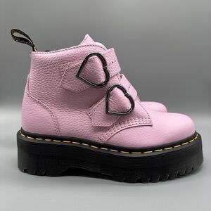 Dr. Martens Pink Devon Heart Womens 7 Buckle Leather Platform Boots Shoes Chunky